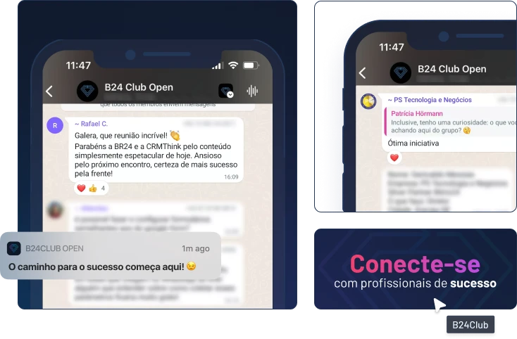 Imagem promovendo o B24 Club Open, destacando interações e mensagens motivacionais para profissionais em busca de sucesso. Conecte-se ao seu potencial!