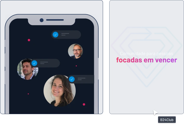 Comunidade digital representando pessoas focadas em vencer, com ícones de conversa e perfis. Ideal para quem busca sucesso e união em objetivos.