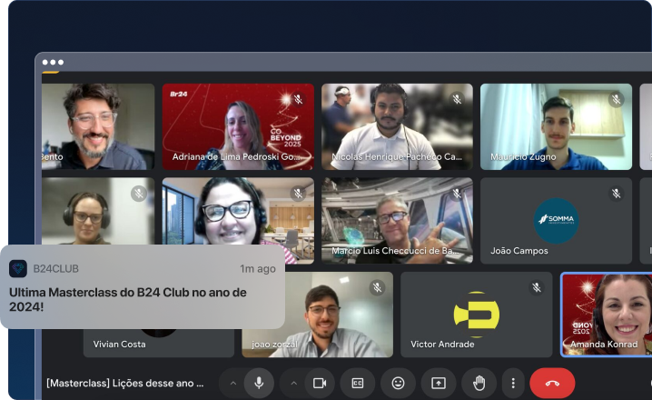 Participantes da última Masterclass do B24 Club em 2024, destacando momentos de interação e aprendizado em grupo.