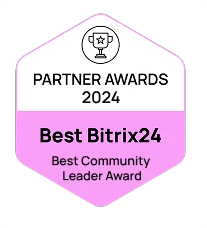 Imagem do prêmio Partner Awards 2024, destacando a categoria Best Bitrix24 e Best Community Leader Award. Reconhecimento da comunidade Bitrix24.